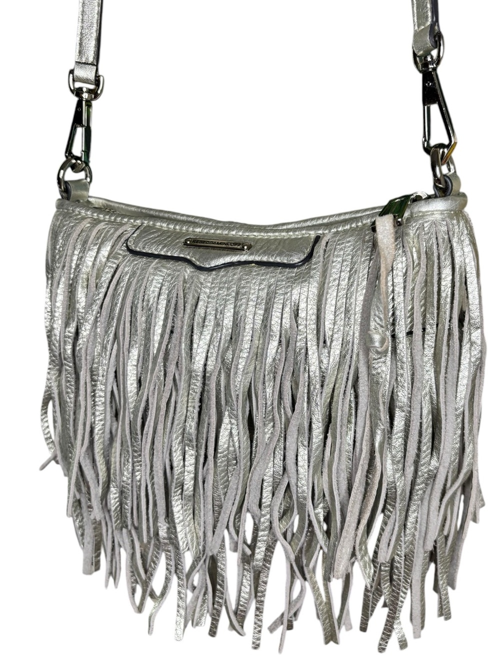 Rebecca Minkoff Metallic Silver Fringe Crossbody Bag Leather Boho Festival Purse